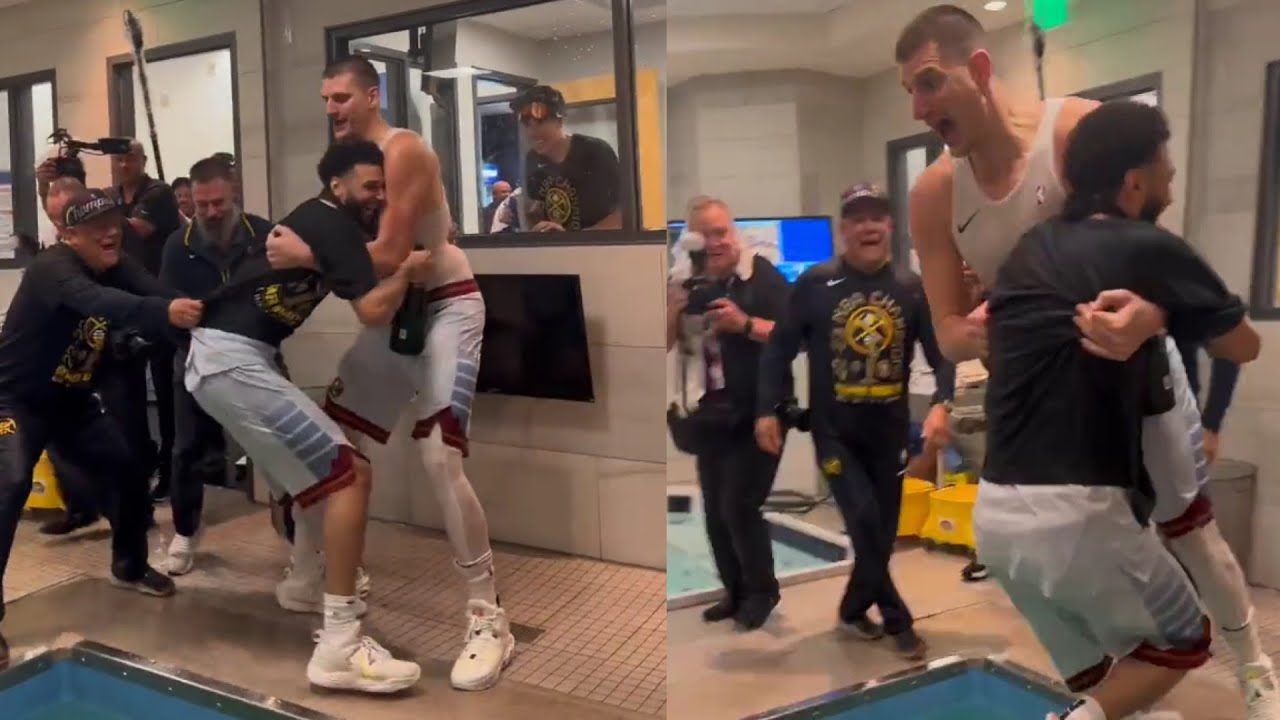 Nikola Jokic throws Jamal Murray in the pool after winning NBA Title